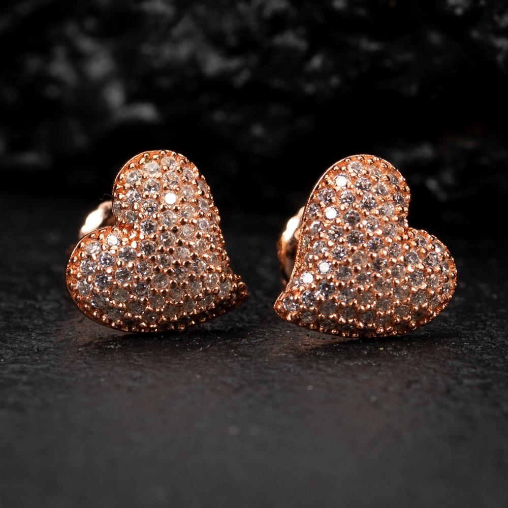 Womens Pink Rose Gold 925 Sterling Silver 3D Honey Comb Set Heart Stud Earrings